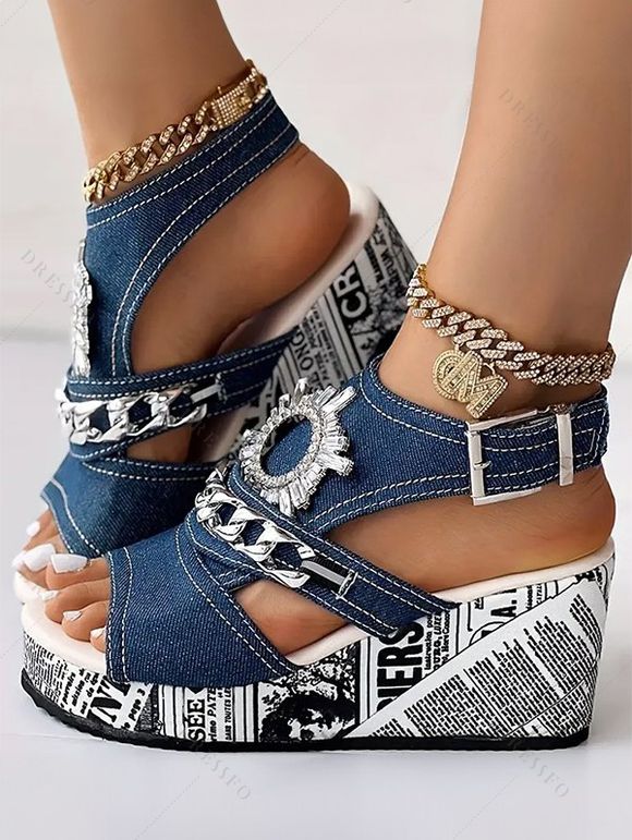 Denim Rhinestone Chain Comfortable Slingback Peep Toe Ankle Strap Buckle Wedges Heel Sandals - Bleu EU 36