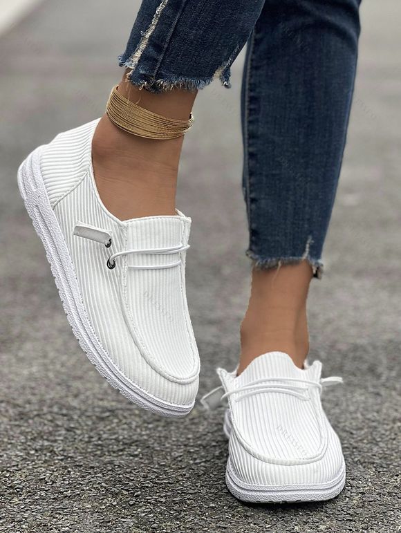 New Lace Up Decor Suede Slip On Flat Sneakers - Blanc EU 43