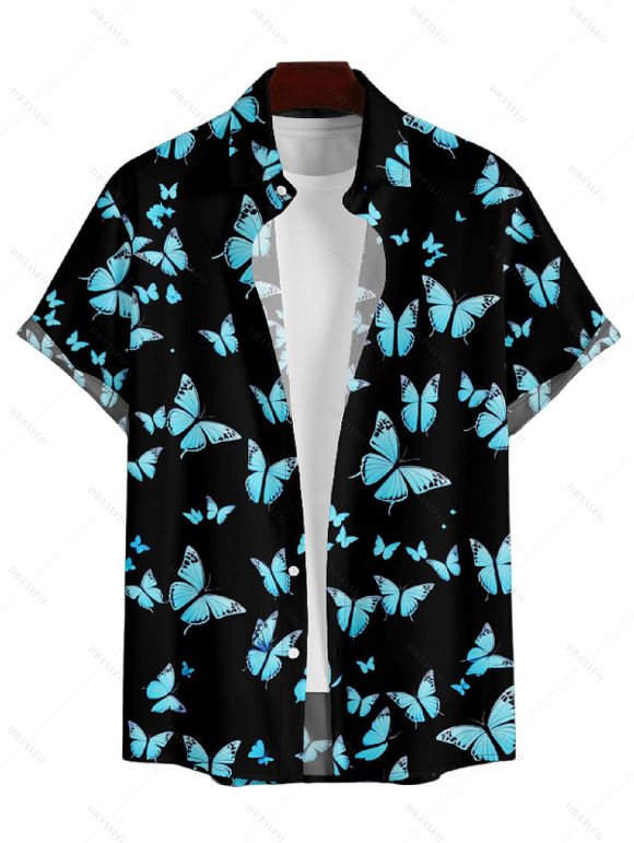 Chemise Décontractée Boutonnée Papillon Imprimé à Manches Courtes - Noir 3XL