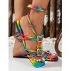 Rainbow Bandage Buckle Decor Square Toe Flat Sandals - multicolor A EU 43