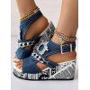 Denim Rhinestone Chain Comfortable Slingback Peep Toe Ankle Strap Buckle Wedges Heel Sandals - Bleu EU 36