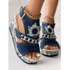 Denim Rhinestone Chain Comfortable Slingback Peep Toe Ankle Strap Buckle Wedges Heel Sandals - Bleu EU 38