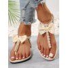 Solid Color Pearl Bowknot Decor Elastic Flat Flip Flops Sandals - Beige EU 40