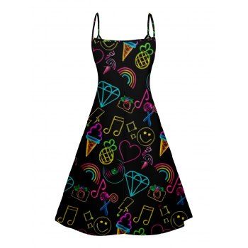 Colorful Music Print V Neck High Waist Spaghetti Strap Dress and Roll Up Sleeve Shirt Outfit