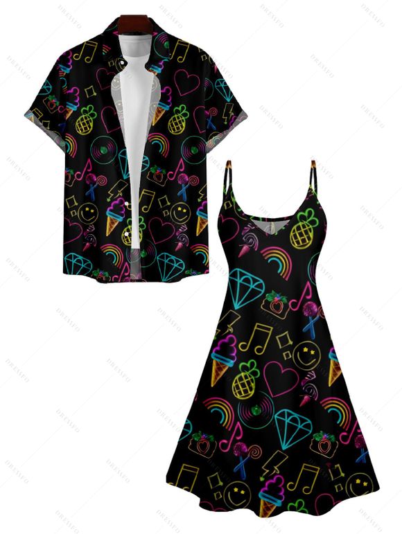 Robe et Chemisier à Taille-Haute avec Bretelles Spaghetti et à Manches Roulées Imprimé Notes de Musique - multicolor A S | US 4