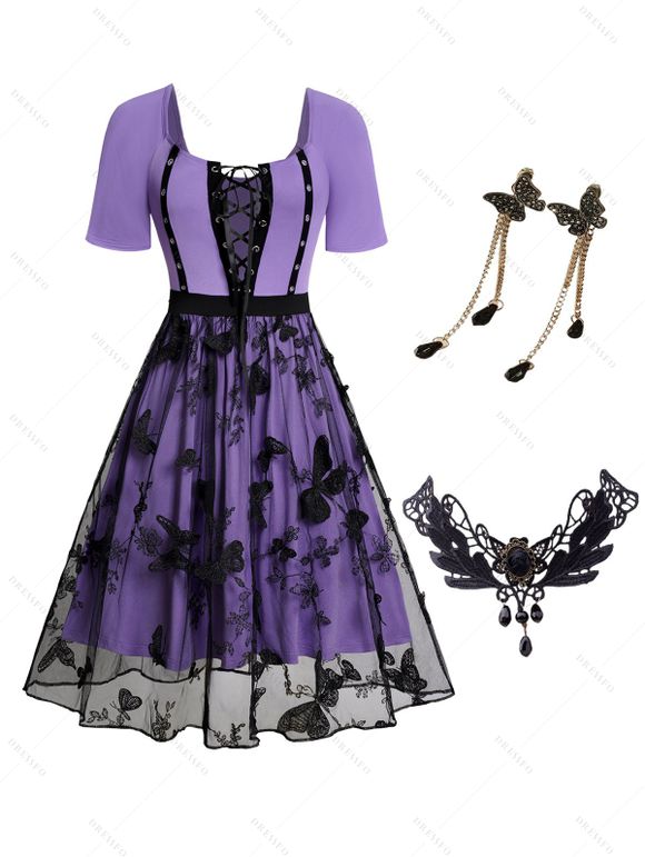 Robe à Lacets et Boucles D'Oreilles Pendantes en Forme de Papillon - Pourpre S | US 4