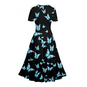 Allover Butterfly Print V Neck Short Sleeve Surplice Dress High Waist A-line Dress