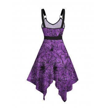 Allover Spider Web Print V Neck High Waist Tank Dress O Ring Sleeveless Handkerchief Dress