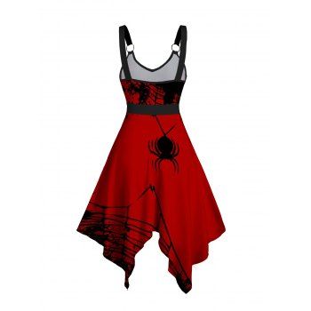 Allover Spider Web Print V Neck High Waist Tank Dress O Ring Sleeveless Handkerchief Dress