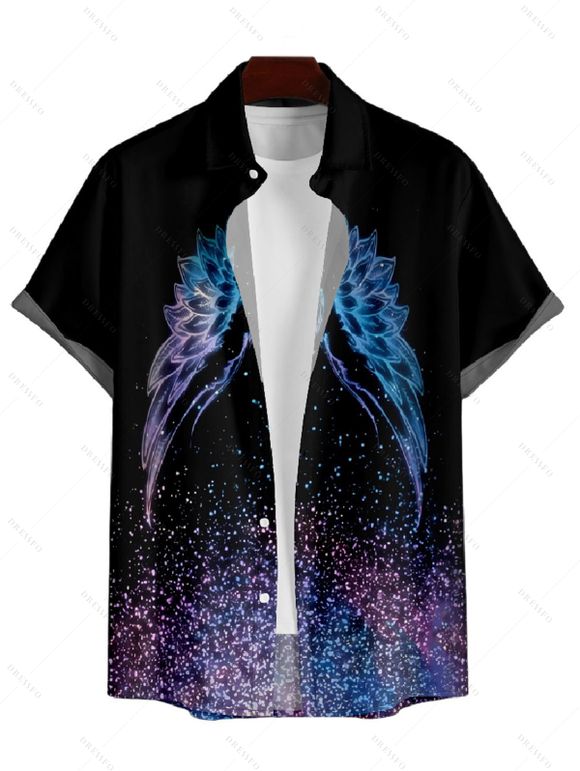 Chemise Décontractée Ailes Galaxie Imprimées Boutonnée à Manches Courtes - Noir 5XL