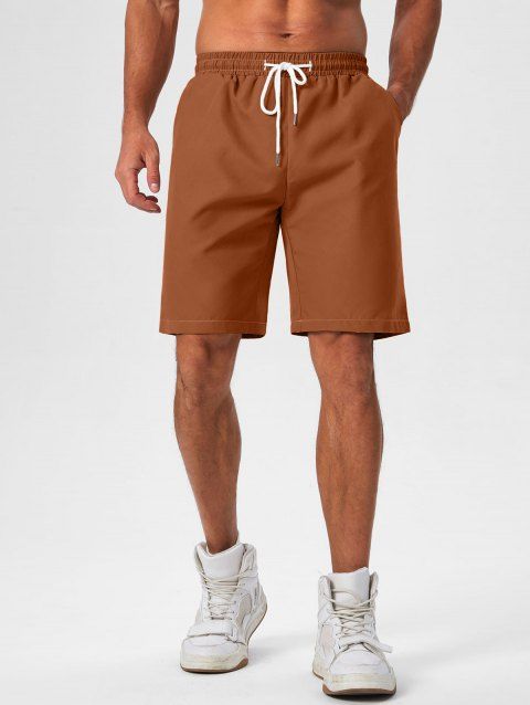 Short de Plage Décontracté en Couleur Unie Taille à Cordon