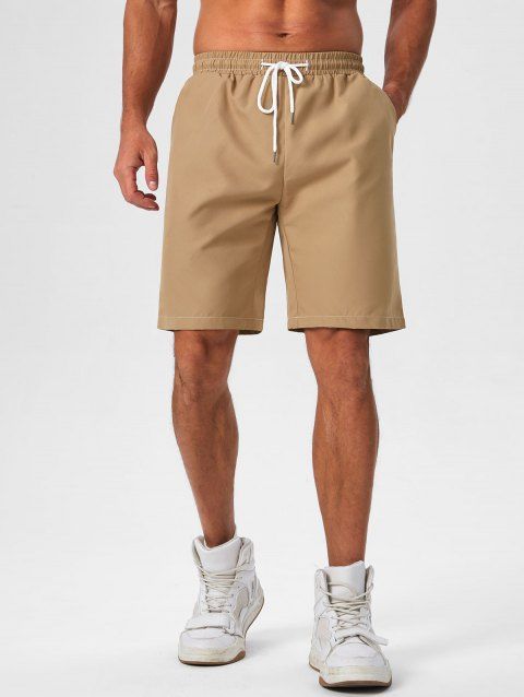 Short de Plage Décontracté en Couleur Unie Taille à Cordon