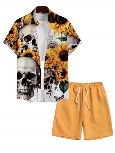 Chemise avec Cordon de Serrage à Manches Retroussées et à Imprimé Crâne de Couleur Unie pour Hommes