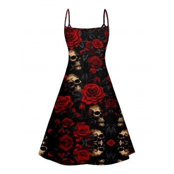 Skull Rose Print V Neck High Waist Spaghetti Strap Dress Sleeveless Summer A Line Cami Dress