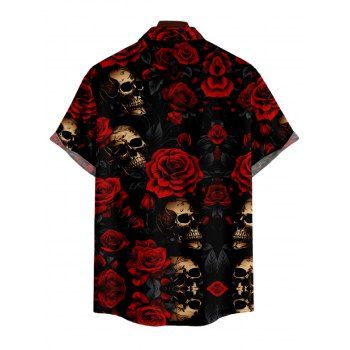 Men's Skull Rose Print Roll Up Sleeve Shirt Button Up Short Sleeve Casual Shirt