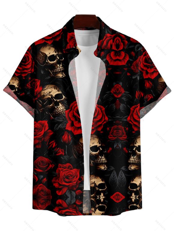 Chemise Décontractée Rose Crâne Imprimées Boutonnée à Manches Courtes pour Homme - Noir 3XL