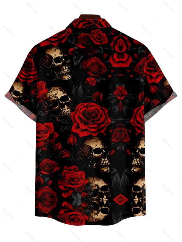 Chemise Décontractée Rose Crâne Imprimées Boutonnée à Manches Courtes pour Homme - Noir 2XL