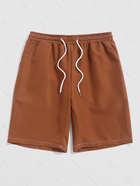 Short de Plage Décontracté en Couleur Unie Taille à Cordon - café M