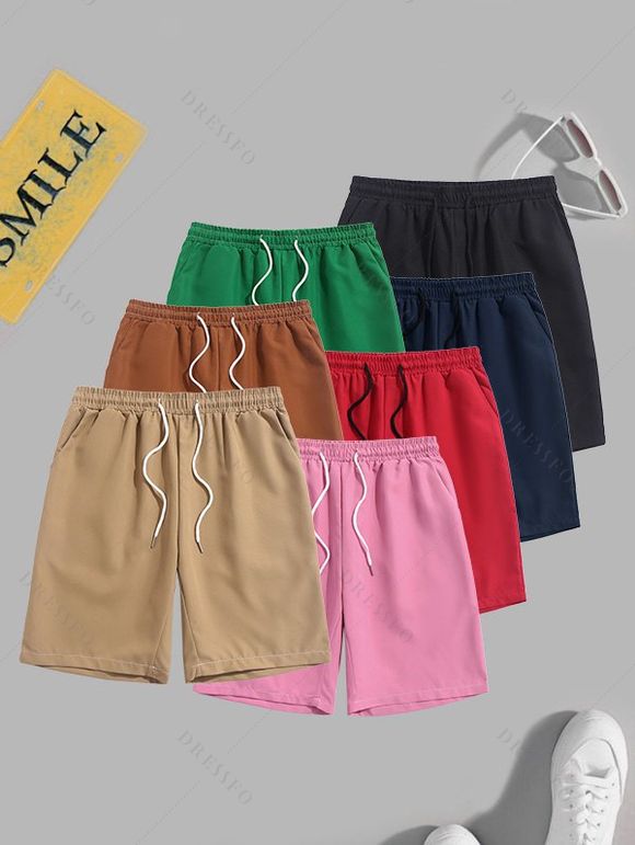 Short de Plage Décontracté en Couleur Unie Taille à Cordon - café M