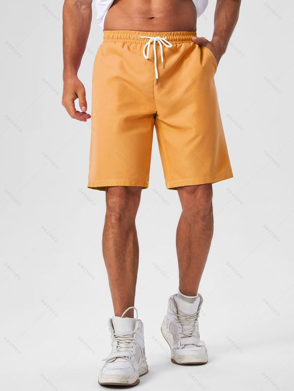 Short de Plage Décontracté en Couleur Unie Taille à Cordon - orange clair XL