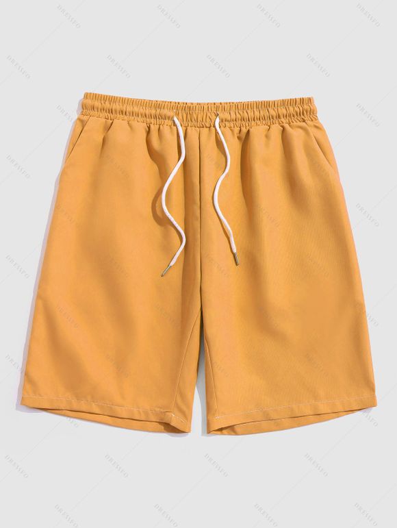 Short de Plage Décontracté en Couleur Unie Taille à Cordon - orange clair M