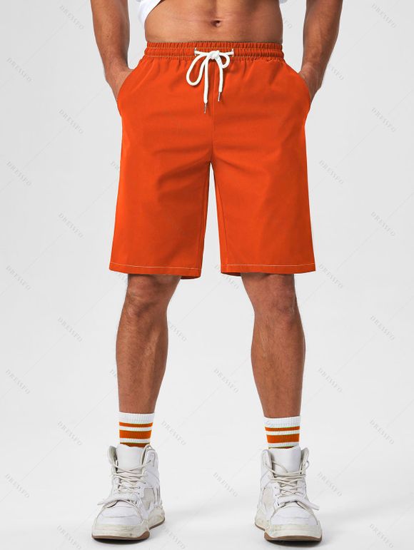 Short de Plage Décontracté en Couleur Unie Taille à Cordon - Orange XL