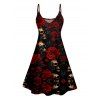 Skull Rose Print V Neck High Waist Spaghetti Strap Dress Sleeveless Summer A Line Cami Dress