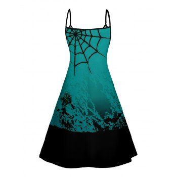 Halloween Spider Web Print V Neck Spaghetti Strap Dress and Roll Up Sleeve Shirt Outfit