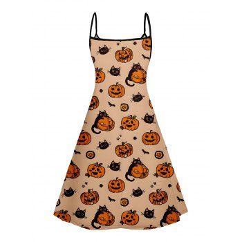 Pumpkin Print V Neck High Waist Spaghetti Strap Dress Sleeveless Summer A Line Cami Dress