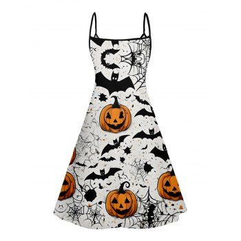 Pumpkin Print V Neck High Waist Spaghetti Strap Dress Sleeveless Summer A Line Cami Dress