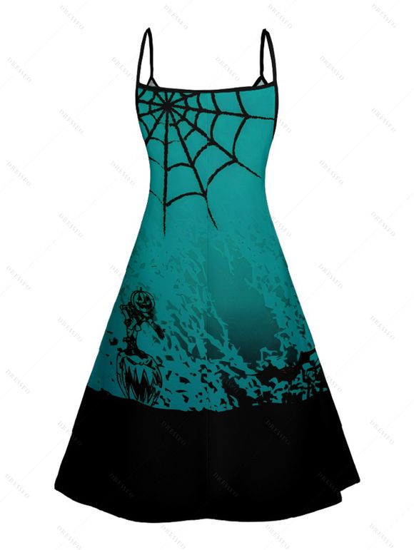 Robe D'Eté Ligne A Toile D'Araignée Imprimée à Bretelle Fine sans Manches à Col V - Vert profond L | US 8-10