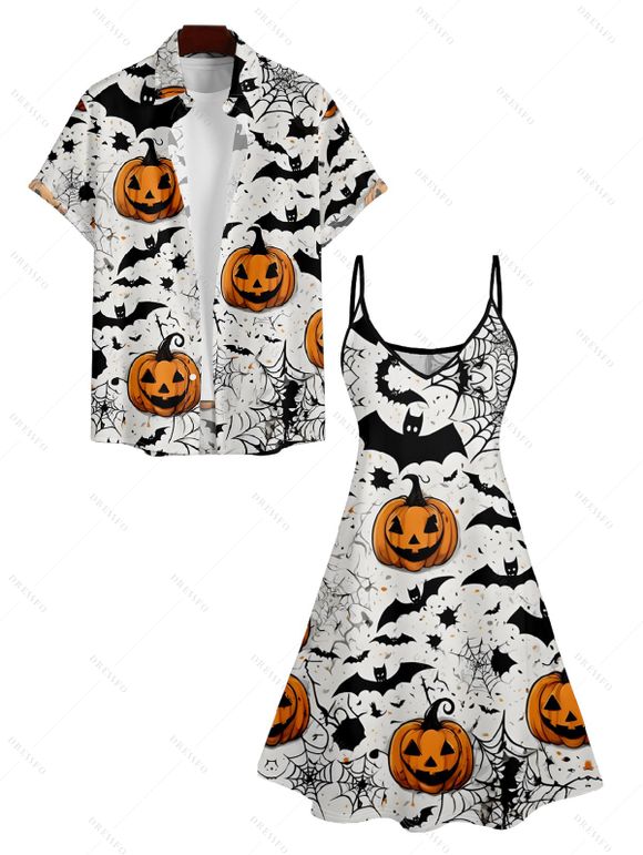 Pumpkin Hallowmas Element Print V Neck Spaghetti Strap Dress and Roll Up Sleeve Shirt Outfit - Blanc S | US 4