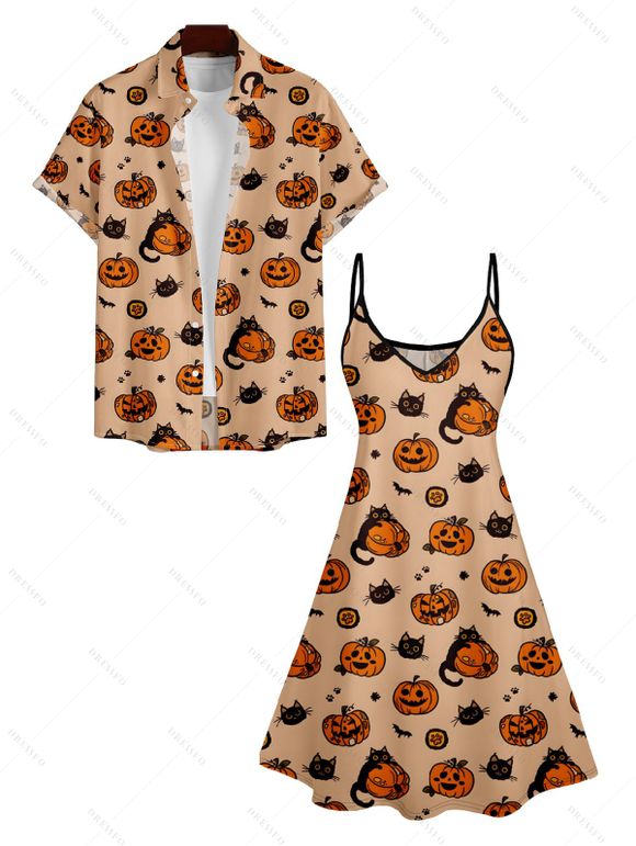 Pumpkin Hallowmas Element Print V Neck Spaghetti Strap Dress and Roll Up Sleeve Shirt Outfit - Orange Foncé S | US 4