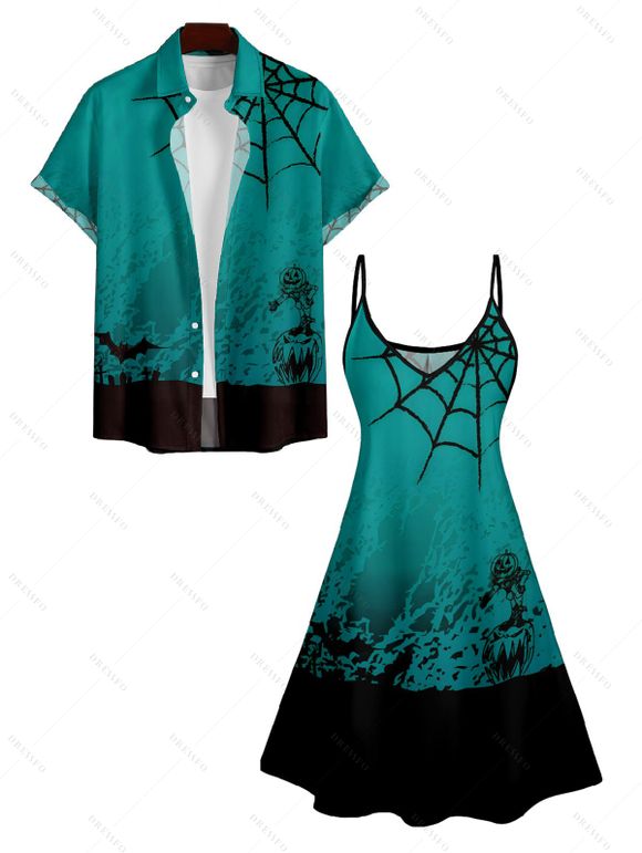 Halloween Spider Web Print V Neck Spaghetti Strap Dress and Roll Up Sleeve Shirt Outfit - Vert profond S | US 4