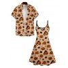 Pumpkin Hallowmas Element Print V Neck Spaghetti Strap Dress and Roll Up Sleeve Shirt Outfit - Orange Foncé S | US 4