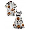 Pumpkin Hallowmas Element Print V Neck Spaghetti Strap Dress and Roll Up Sleeve Shirt Outfit - Blanc S | US 4