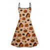 Pumpkin Hallowmas Element Print V Neck Spaghetti Strap Dress and Roll Up Sleeve Shirt Outfit - Orange Foncé S | US 4