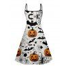 Pumpkin Hallowmas Element Print V Neck Spaghetti Strap Dress and Roll Up Sleeve Shirt Outfit - Blanc S | US 4