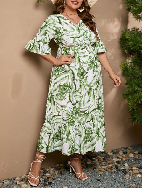 Robe D'Été Péplum avec Col en V à Imprimé Floral et Manches à Volants Grande-Taille