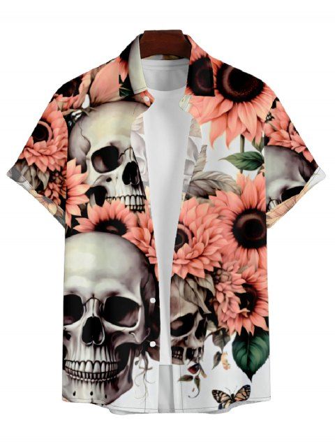 Chemise Décontractée Manches Courtes à Imprimé Tournesols et Crâne pour Hommes