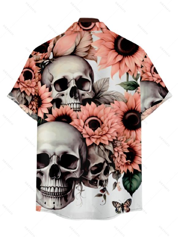 Chemise Décontractée Manches Courtes à Imprimé Tournesols et Crâne pour Hommes - orange clair M