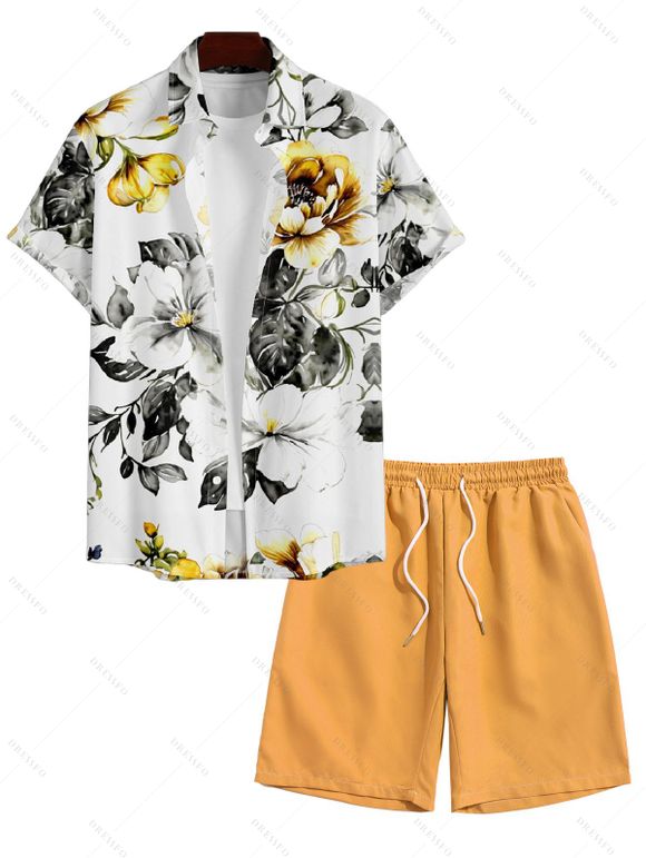 Chemise à Manches Roulées avec Cordon de Serrage et à Imprimé Floral pour Hommes - Deep Yellow S | US 4