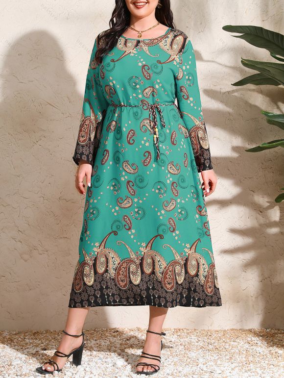 Robe Mi-Longue Ceinture Cachemire Imprimé Manches Longues de Grande Taille - Vert profond 5XL | US 24
