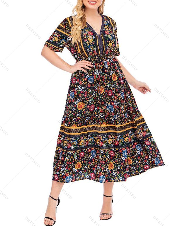 Robe à Manches Courtes avec Col N Imprimé Floral Grande-Taille - Noir 4XL | US 22
