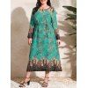 Robe Mi-Longue Ceinture Cachemire Imprimé Manches Longues de Grande Taille - Vert profond 5XL | US 24