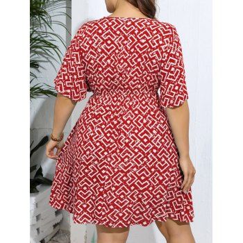 Plus Size Geometric Print Flare Sleeve V Neck Dress High Waist Short Sleeve Dress