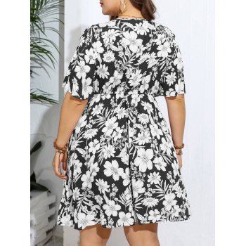 Plus Size Floral Print Flare Sleeve V Neck Dress High Waist Short Sleeve Dress