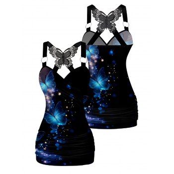 Galaxy Butterfly Pattern Ruched Butterfly Lace Tank Top Cross O Ring Surplice Summer Top