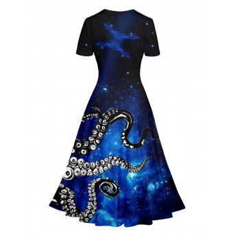 Galaxy Octopus Print V Neck Short Sleeve Surplice Dress High Waist A-line Dress