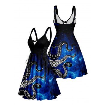 Galaxy Octopus Print Lace Up Crisscross V Neck Dress Sleeveless High Waist Tank Dress